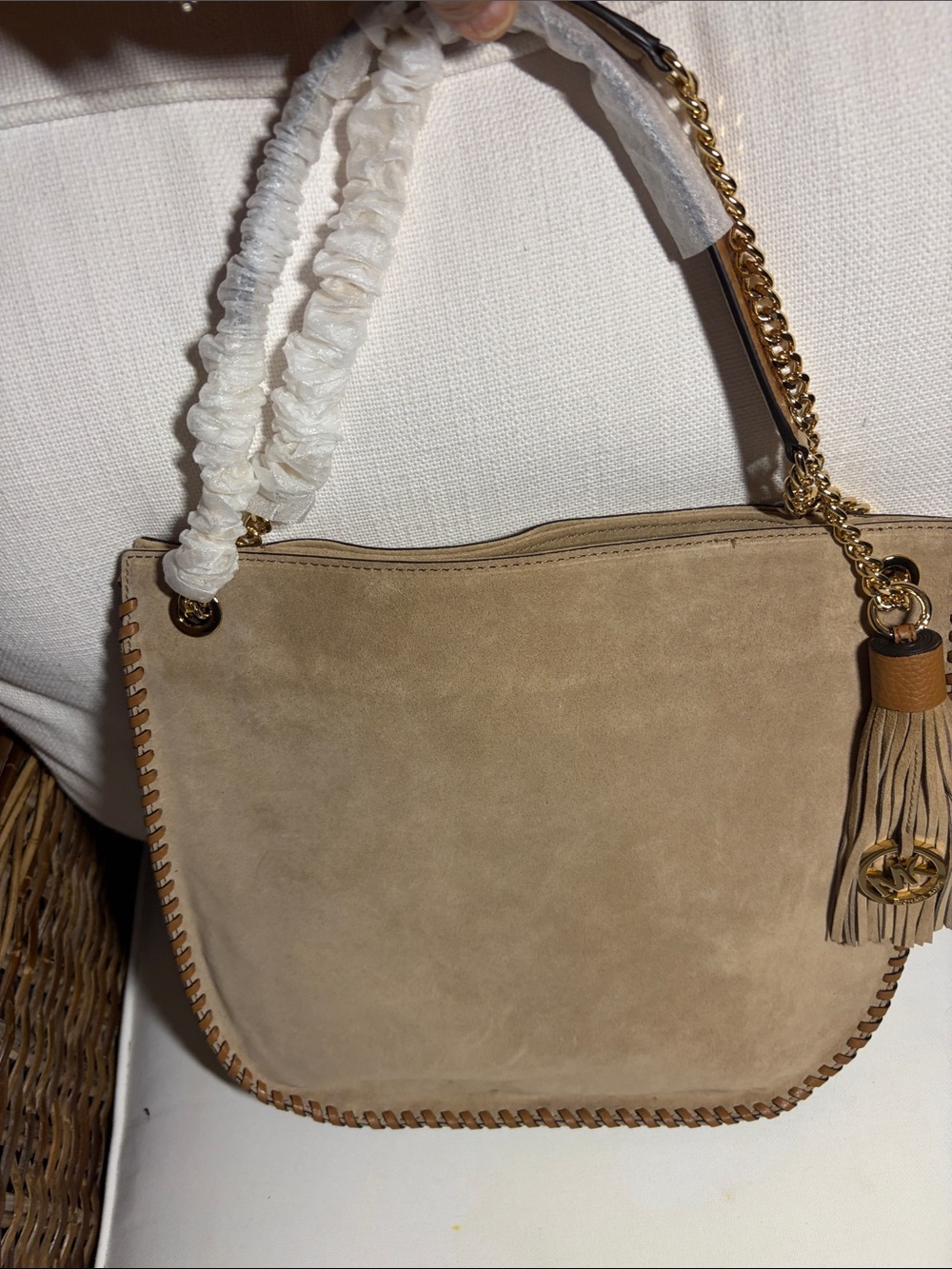 Michael Kors Taupe Suede Shoulder Bag with Gold Chain Tassel
